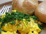 breakfast, scrambled eggs, bun, chive, egg, scrambled eggs, scrambled eggs, scrambled eggs, scrambled eggs, scrambled eggs